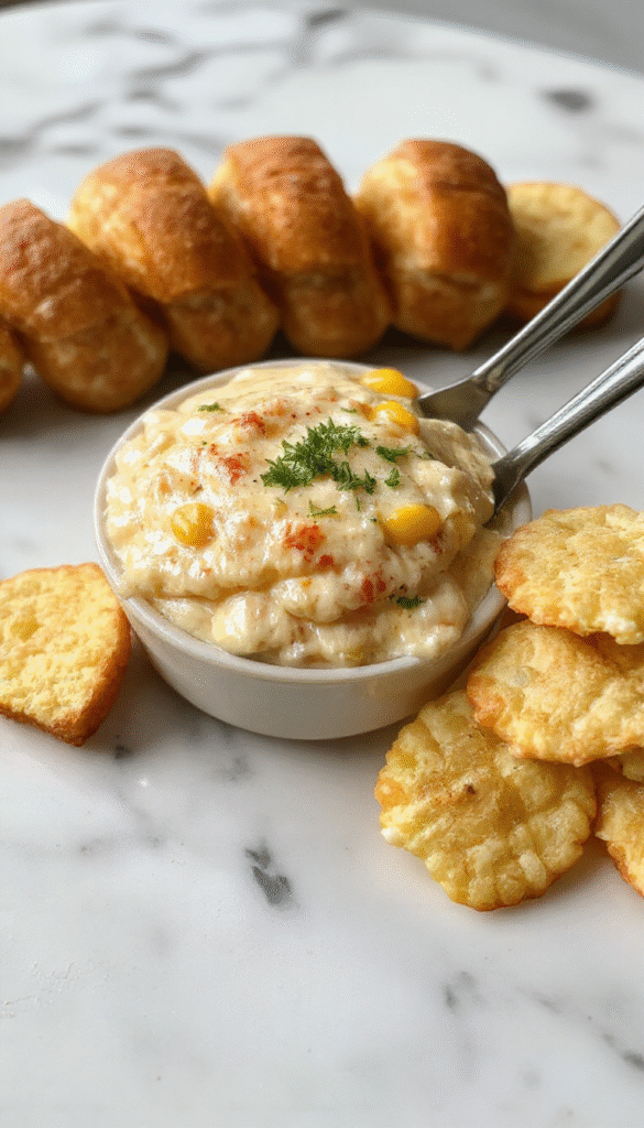 A vibrant bowl of creamy corn dip topped with chopped fresh cilantro, crumbled cheese, and a drizzle of chili-lime sauce, surrounded by crispy tortilla chips on a rustic wooden table.