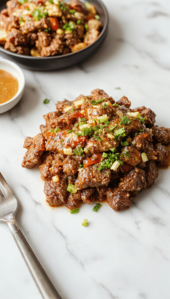 A neatly arranged plate featuring a serving of ground beef coated in glossy teriyaki sauce, accompanied by steamed white rice and vibrant steamed broccoli. The beef has a caramelized exterior with a shiny glaze, and the rice is fluffy and white with individual grains visible. The vegetables add a bright green contrast, and the dish is presented on a sleek, modern plate, with a pair of chopsticks resting beside it. The background is softly blurred, emphasizing the appetizing appearance of the meal.