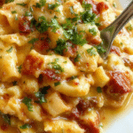 A steaming bowl of Olive Garden Pasta e Fagioli soup featuring a hearty mix of beans, small pasta, and ground beef, garnished with freshly chopped parsley on a rustic wooden table, accompanied by a piece of crusty bread on the side.