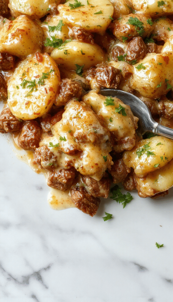 A sizzling skillet filled with golden-brown diced potatoes, tender chunks of beef, melted cheesy topping, and a sprinkle of fresh herbs, served on a rustic wooden table.