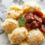 A rustic wooden plate features golden-brown pierogies with crimped edges, nestled beside grilled kielbasa sausage with grill marks, garnished with fresh parsley for color contrast. The dish is set against a dark, textured background, highlighting its appetizing appearance.