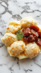 A rustic wooden plate features golden-brown pierogies with crimped edges, nestled beside grilled kielbasa sausage with grill marks, garnished with fresh parsley for color contrast. The dish is set against a dark, textured background, highlighting its appetizing appearance.