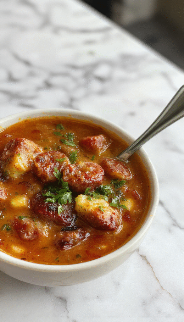 A hearty bowl of sausage soup featuring golden-brown slices of sausage, vibrant vegetables like carrots and celery, topped with fresh herbs, served in a rustic white bowl on a wooden table with a spoon beside it.