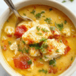 A warm bowl of Sicilian Chicken Soup topped with fresh herbs, featuring tender chicken pieces, al dente pasta, and colorful vegetables in a clear savory broth. The bowl is garnished with grated cheese and a sprig of parsley, with a rustic wooden table and bread in the background.