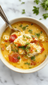 A warm bowl of Sicilian Chicken Soup topped with fresh herbs, featuring tender chicken pieces, al dente pasta, and colorful vegetables in a clear savory broth. The bowl is garnished with grated cheese and a sprig of parsley, with a rustic wooden table and bread in the background.