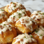A close-up of freshly baked Texas Roadhouse Rolls arranged on a rustic wooden table. The golden-brown dinner rolls have a soft, fluffy interior and a slightly glossy, buttery crust. The rolls are artfully stacked, some with a sprinkle of coarse salt on top, highlighting their inviting warmth and homemade appeal.