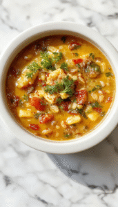 A steaming bowl of Vegetable Barley Soup, filled with colorful diced carrots, celery, and beans, topped with chopped fresh herbs, served in a rustic white bowl on a wooden surface with a side of crusty bread.