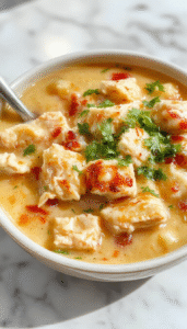 A bowl of white chicken chili showcasing a creamy white broth filled with tender shredded chicken, white beans, corn, and green chilies, garnished with fresh cilantro and a dollop of sour cream, with a rustic spoon beside it on a wooden table