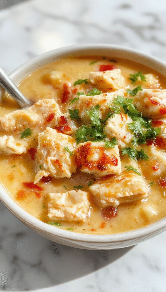 A bowl of white chicken chili showcasing a creamy white broth filled with tender shredded chicken, white beans, corn, and green chilies, garnished with fresh cilantro and a dollop of sour cream, with a rustic spoon beside it on a wooden table