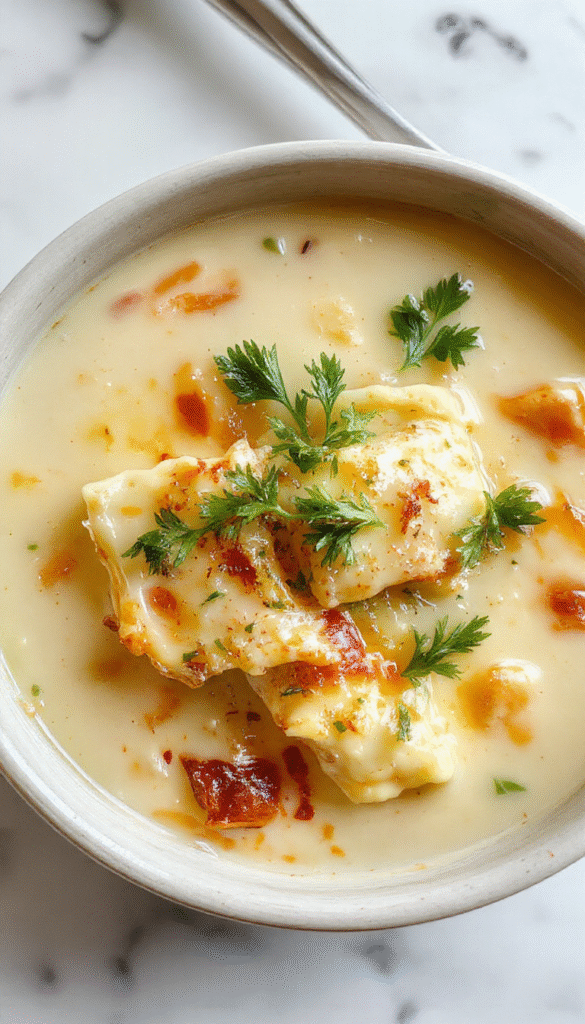 A steaming bowl of White Lasagna Soup featuring layers of creamy white broth, al dente lasagna noodles, melted cheese, and garnished with fresh basil on top. The bowl is placed on a rustic wooden table with a spoon beside it, steam rising to emphasize hot, comforting warmth.
